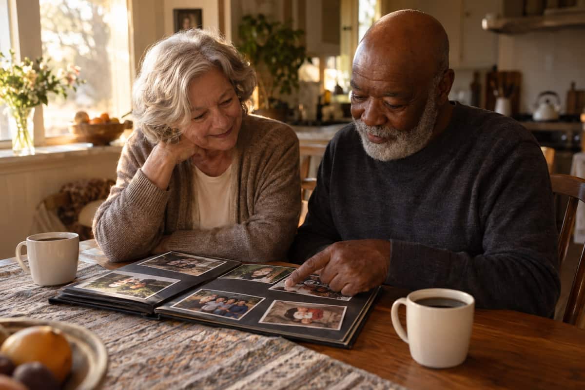 An older couple looking through a photo album together at their kitchen table